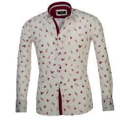 White with Burgandy Bicycles Mens Slim Fit French Cuff Dress Shirts with Cufflink Holes - Casual and Formal - Amedeo Exclusive