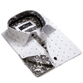 White with Black Paisley Mens Slim Fit French Cuff Dress Shirts with Cufflink Holes - Casual and Formal - Amedeo Exclusive