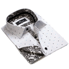 White with Black Paisley Mens Slim Fit French Cuff Dress Shirts with Cufflink Holes - Casual and Formal - Amedeo Exclusive