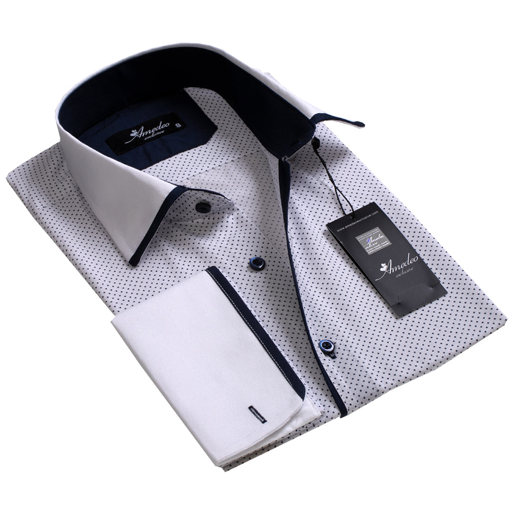 White with Navy Dots Mens Slim Fit French Cuff Dress Shirts with Cufflink Holes - Casual and Formal - Amedeo Exclusive