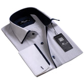 White with Navy Dots Mens Slim Fit French Cuff Dress Shirts with Cufflink Holes - Casual and Formal - Amedeo Exclusive