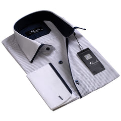 White with Navy Dots Mens Slim Fit French Cuff Dress Shirts with Cufflink Holes - Casual and Formal - Amedeo Exclusive