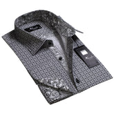Grey with White Black Paisley Mens Slim Fit French Cuff Dress Shirts with Cufflink Holes - Casual and Formal - Amedeo Exclusive