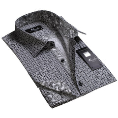 Grey with White Black Paisley Mens Slim Fit French Cuff Dress Shirts with Cufflink Holes - Casual and Formal - Amedeo Exclusive