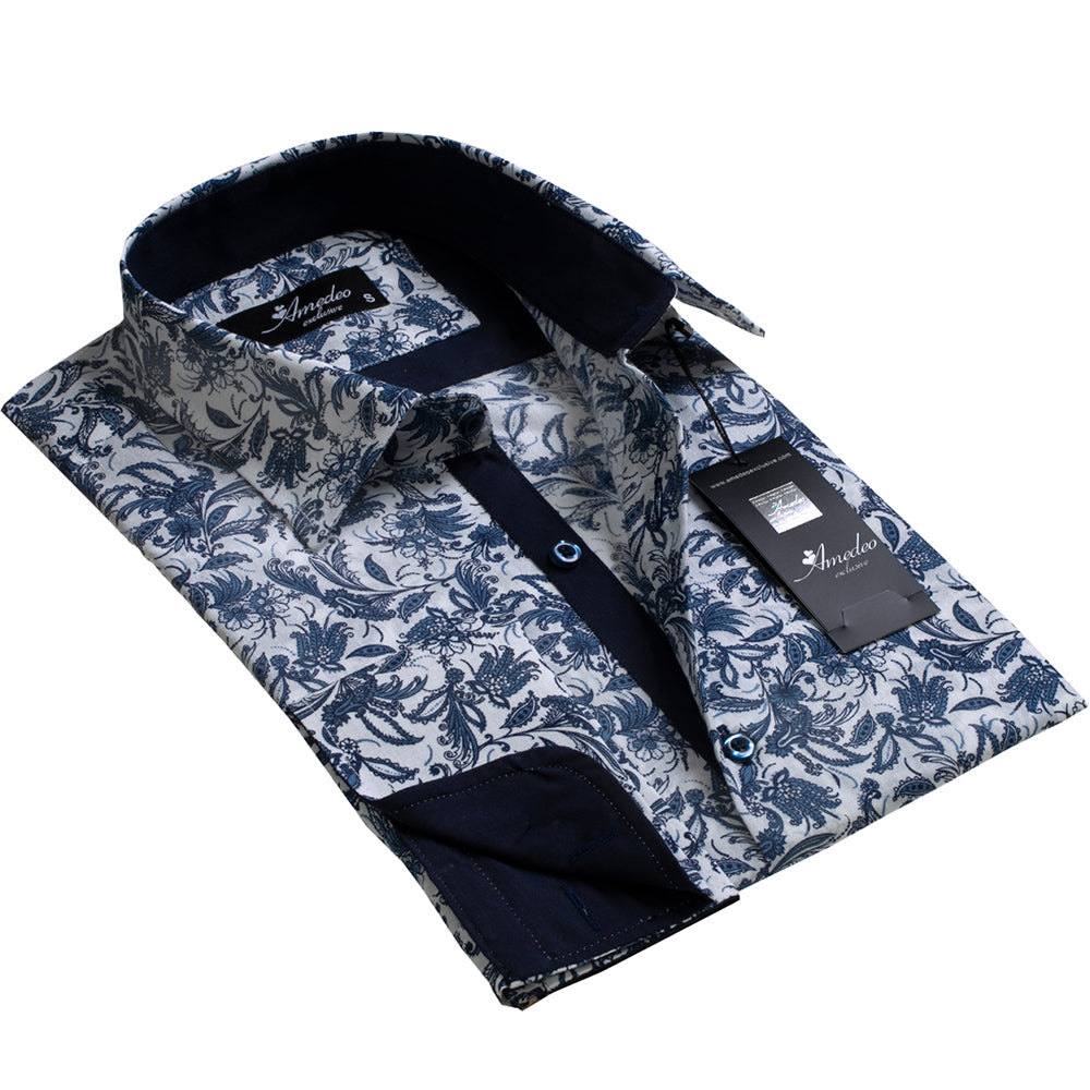 White And Blue with Floral Design Mens Slim Fit Designer Dress Shirt - tailored Cotton Shirts for Work and Casual Wear - Amedeo Exclusive