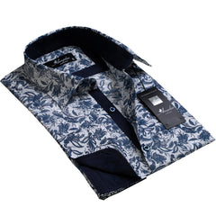 White And Blue with Floral Design Mens Slim Fit Designer Dress Shirt - tailored Cotton Shirts for Work and Casual Wear - Amedeo Exclusive