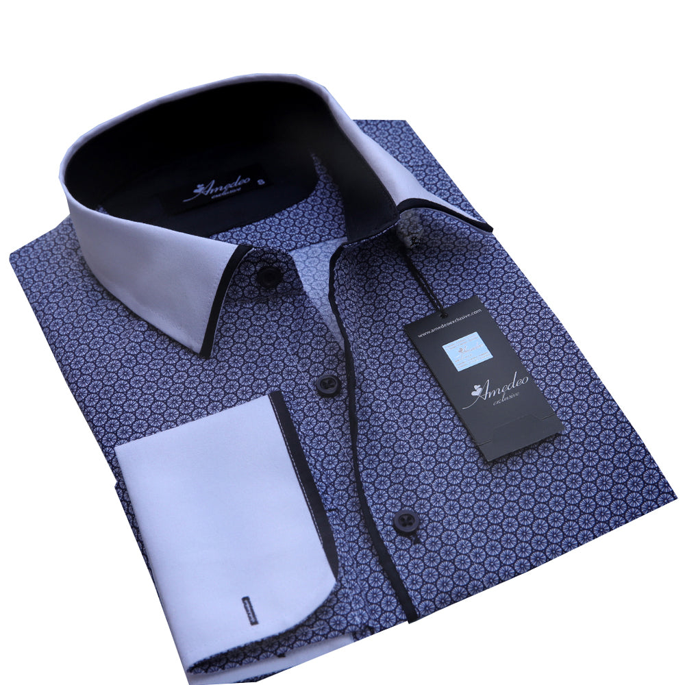 Dark Blue Mens Slim Fit French Cuff Shirts with Cufflink Holes