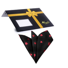 Men's Solid black with red hearts Pocket Square Hanky Handkerchief - Amedeo Exclusive