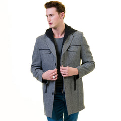 Men's European Grey Wool Coat Hooded Jacket Tailor fit Fine Luxury Quality Work and Casual
