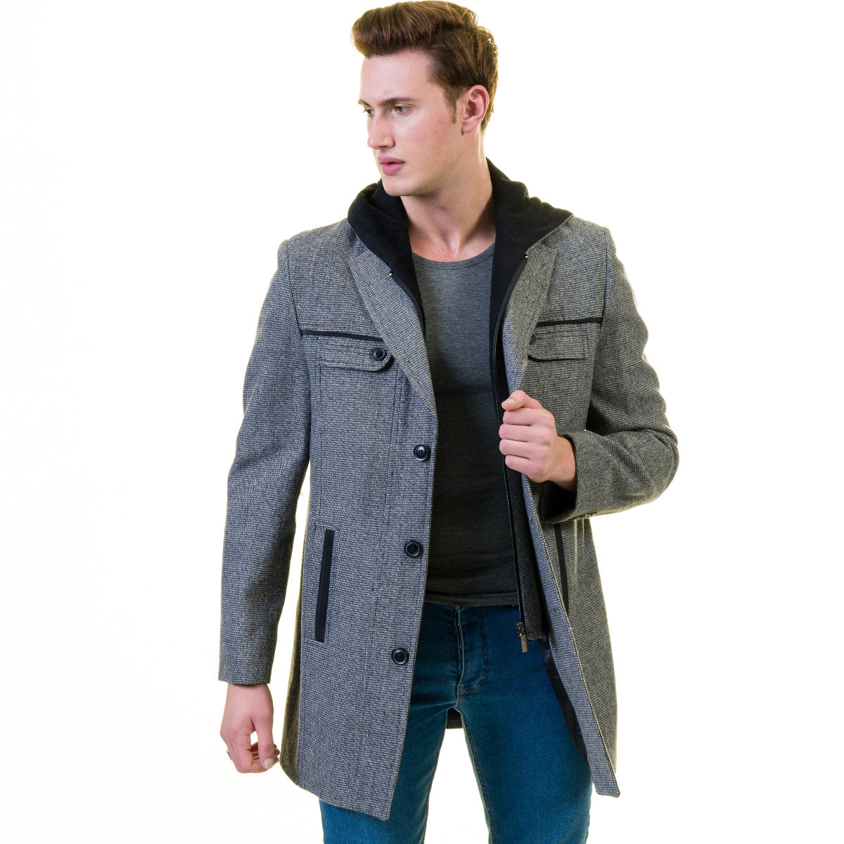 Men's European Grey Wool Coat Hooded Jacket Tailor fit Luxury Quality