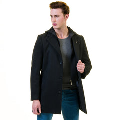 Men's European Black Wool Coat Hooded Jacket Tailor fit Fine Luxury Quality Work and Casual