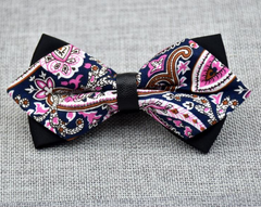 Men's Black Pink Floral 100% Cotton Pre-Tied Bow Tie - Amedeo Exclusive