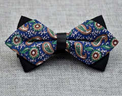 Men's Blue Green Paisley 100% Cotton Pre-Tied Bow Tie - Amedeo Exclusive