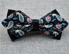 Men's Black Blue Pink Paisley 100% Cotton Pre-Tied Bow Tie - Amedeo Exclusive