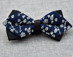 Men's Medium Blue White 100% Cotton Pre-Tied Bow Tie - Amedeo Exclusive