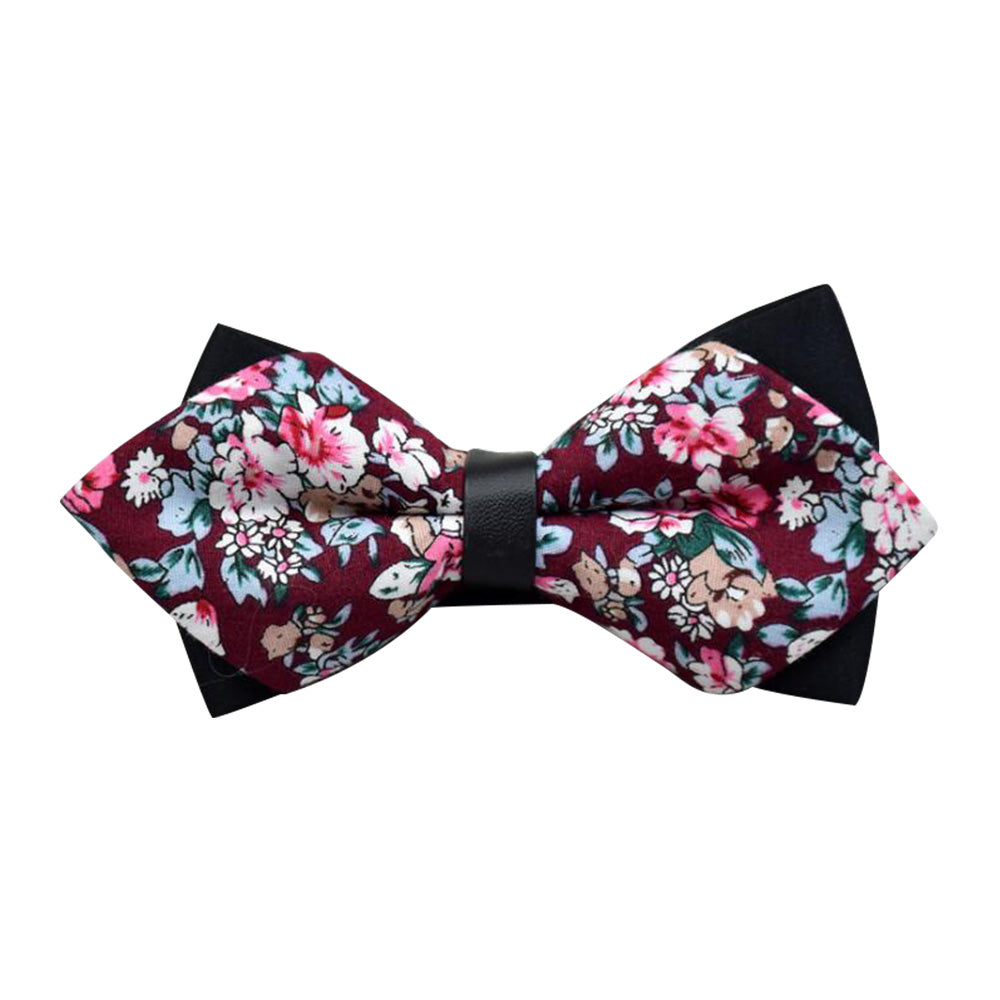 Men's Burgundy Pink Floral 100% Cotton Pre-Tied Bow Tie - Amedeo Exclusive