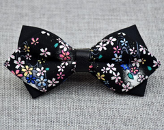 Men's Black Colorful Floral 100% Cotton Pre-Tied Bow Tie - Amedeo Exclusive
