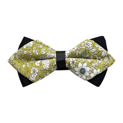 Men's Mustard Green Floral 100% Cotton Pre-Tied Bow Tie - Amedeo Exclusive