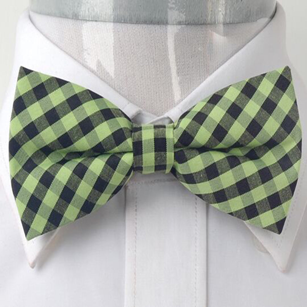 Men's Yellowish-Green & Black Checkers Silk Pre-Tied Bow Tie - Amedeo Exclusive
