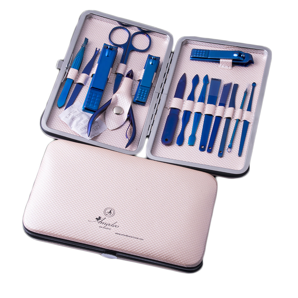Unisex Stainless Steel 15 Piece Sets Metallic Blue Manicure Pedicure Set - Amedeo Exclusive
