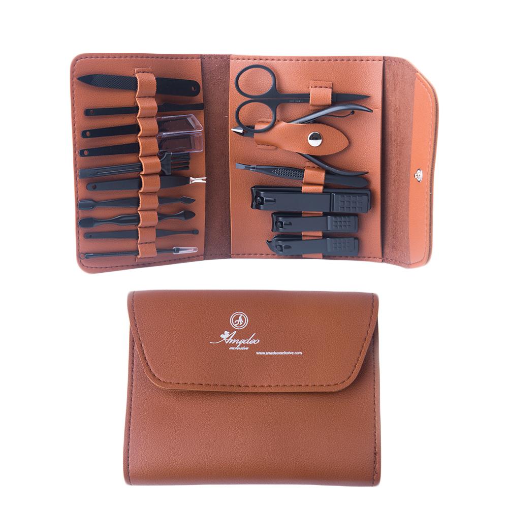 Unisex Black Chrome Brown Suede 16 Piece Manicure Pedicure Set - Amedeo Exclusive