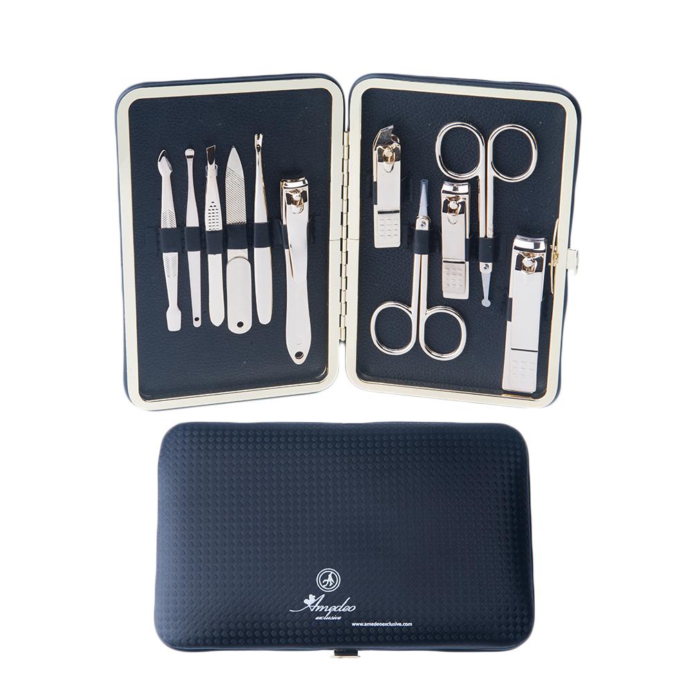 Unisex Gold Plating Black Leather 11 Piece Manicure Pedicure Set - Amedeo Exclusive