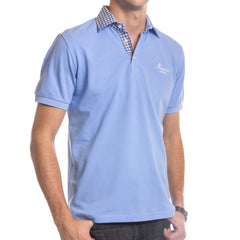 Light Blue Checkered Mens Slim Fit Polo Shirts - 100% Soft Cotton - Tailored Comfortable Fit - Amedeo Exclusive