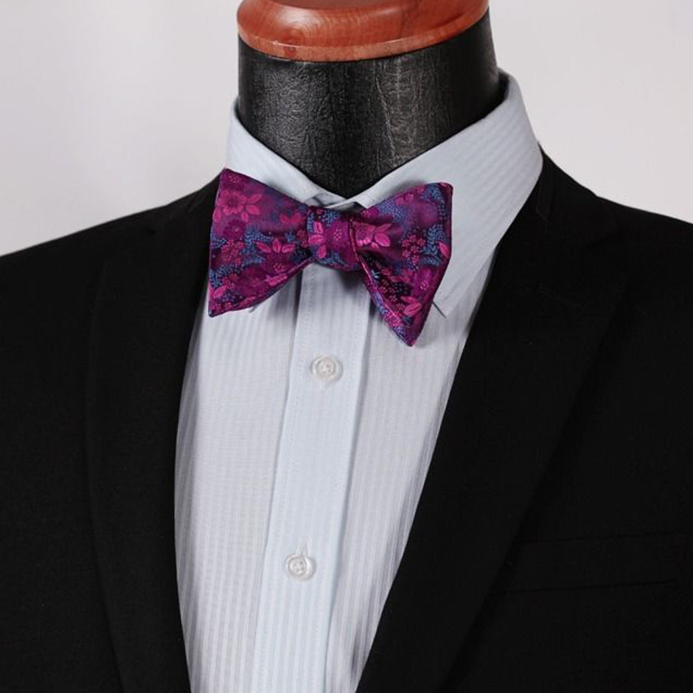 Purple & Pink Floral Mens Silk Self tie Bow Tie with Pocket Squares Set - Amedeo Exclusive