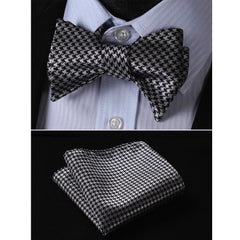 Black With Silver Check Mens Silk Self tie Bow Tie with Pocket Squares Set - Amedeo Exclusive