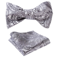 Gray Paisley Mens Silk Self tie Bow Tie with Pocket Squares Set - Amedeo Exclusive