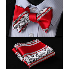 Red White Paisley Mens Silk Self tie Bow Tie with Pocket Squares Set - Amedeo Exclusive
