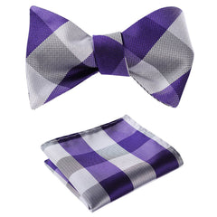 Purple Grey Check Mens Silk Self tie Bow Tie with Pocket Squares Set - Amedeo Exclusive