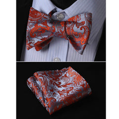 Red Brown Paisley Mens Silk Self tie Bow Tie with Pocket Squares Set - Amedeo Exclusive