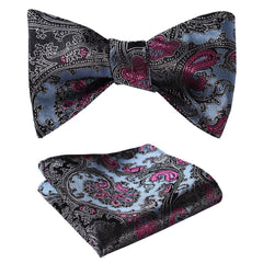 Blue & Pink Paisley Mens Silk Self tie Bow Tie with Pocket Squares Set - Amedeo Exclusive