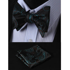 Black Mens Silk Self tie Bow Tie with Pocket Squares Set - Amedeo Exclusive