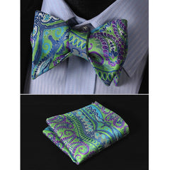 Green Light Mens Silk Self tie Bow Tie with Pocket Squares Set - Amedeo Exclusive