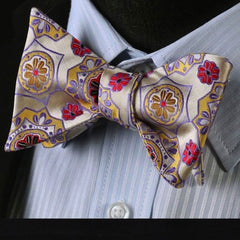 Red Gold & Yellow Floral Mens Silk Self tie Bow Tie with Pocket Squares Set - Amedeo Exclusive