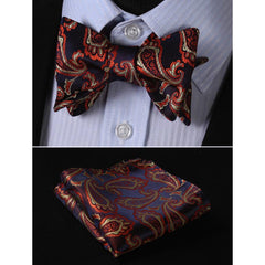 Black & Orange Paisley Mens Silk Self tie Bow Tie with Pocket Squares Set - Amedeo Exclusive