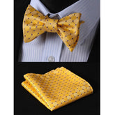 Men's Silk Solid Yellow Self Bow Tie & Pocket Square Handkerchief - Amedeo Exclusive