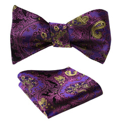 Purple & Yellow Mens Silk Self tie Bow Tie with Pocket Squares Set - Amedeo Exclusive