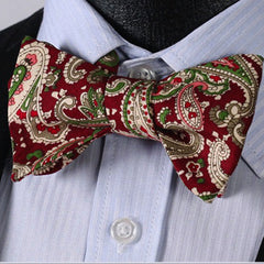 Burgundy Green Paisley Mens Silk Self tie Bow Tie with Pocket Squares Set - Amedeo Exclusive