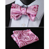 Men's Pink Blue Paisley Silk Self Bow Tie Handkerchief - Amedeo Exclusive
