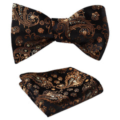 Brown Paisley Mens Silk Self tie Bow Tie with Pocket Squares Set - Amedeo Exclusive