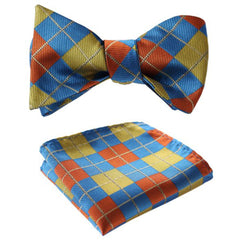 Men's Olive Orange Blue Check Silk Self Bow Tie With Handkerchief - Amedeo Exclusive
