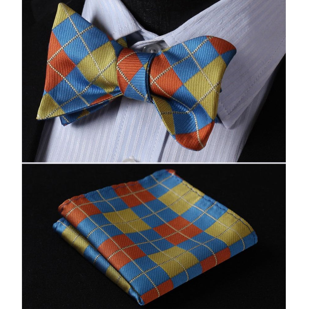 Men's Olive Orange Blue Check Silk Self Bow Tie With Handkerchief - Amedeo Exclusive
