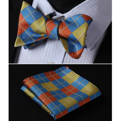 Men's Olive Orange Blue Check Silk Self Bow Tie With Handkerchief - Amedeo Exclusive
