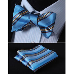Men's Silk Blue Yellow Stripe Self Bow Tie Pocket Handkerchief - Amedeo Exclusive