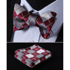 Burgundy Gray check Mens Silk Self tie Bow Tie with Pocket Squares Set - Amedeo Exclusive