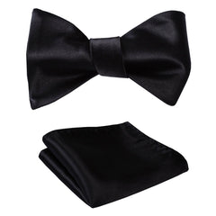 Pure Black Solid Mens Silk Self tie Bow Tie with Pocket Squares Set - Amedeo Exclusive
