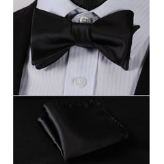 Pure Black Solid Mens Silk Self tie Bow Tie with Pocket Squares Set - Amedeo Exclusive